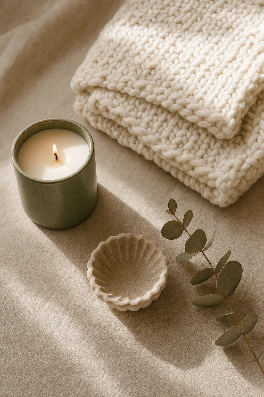 A folded cream wool throw, a lit sage ceramic candle and a sprig of eucalyptus on warm ivory linen