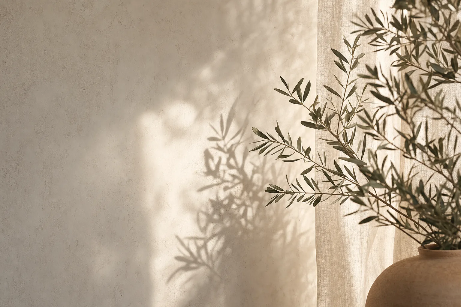 Soft morning light falling through a linen curtain onto a warm ivory wall beside an olive branch