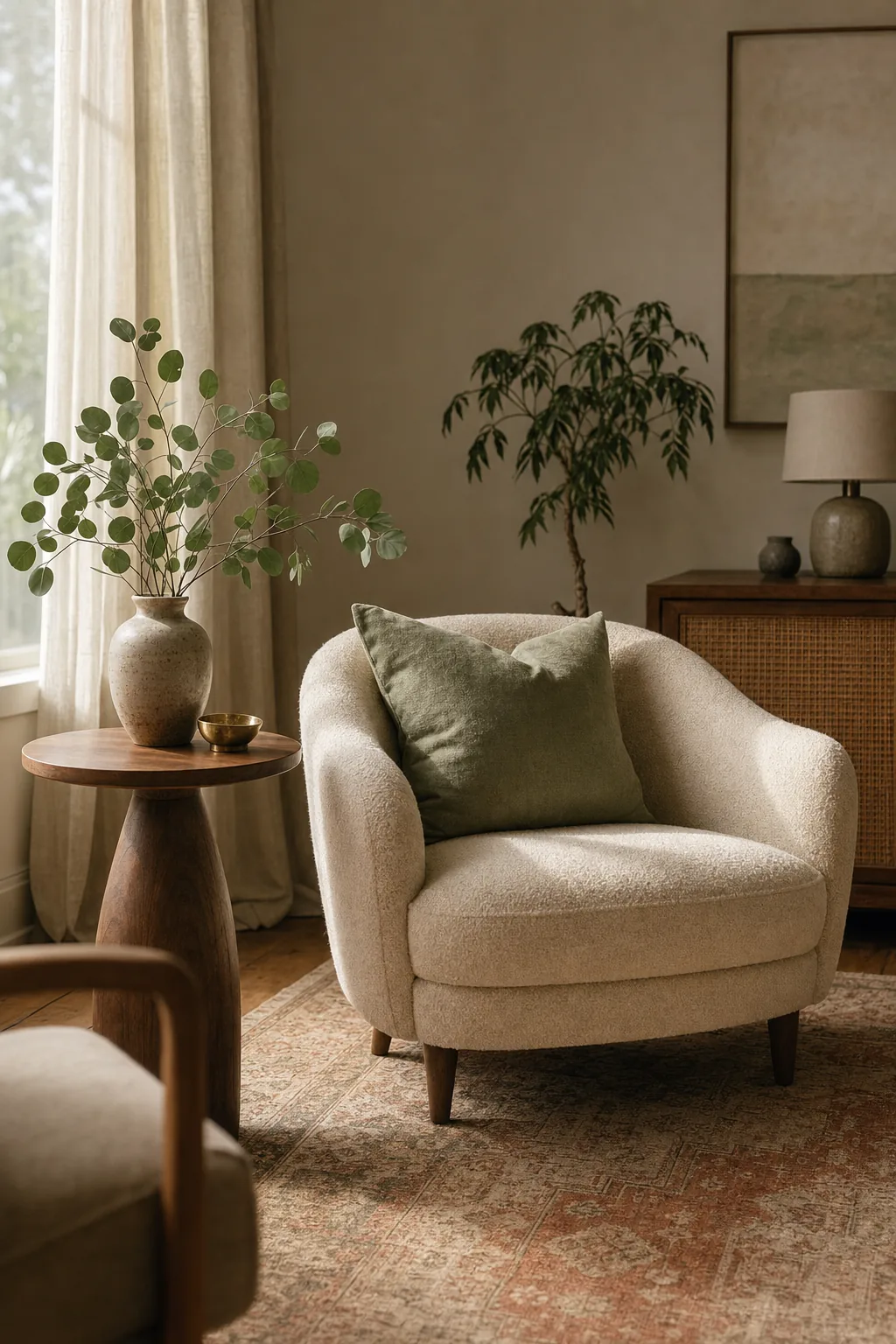 A cream boucle armchair with a sage green pillow beside a walnut side table and eucalyptus in a ceramic vase