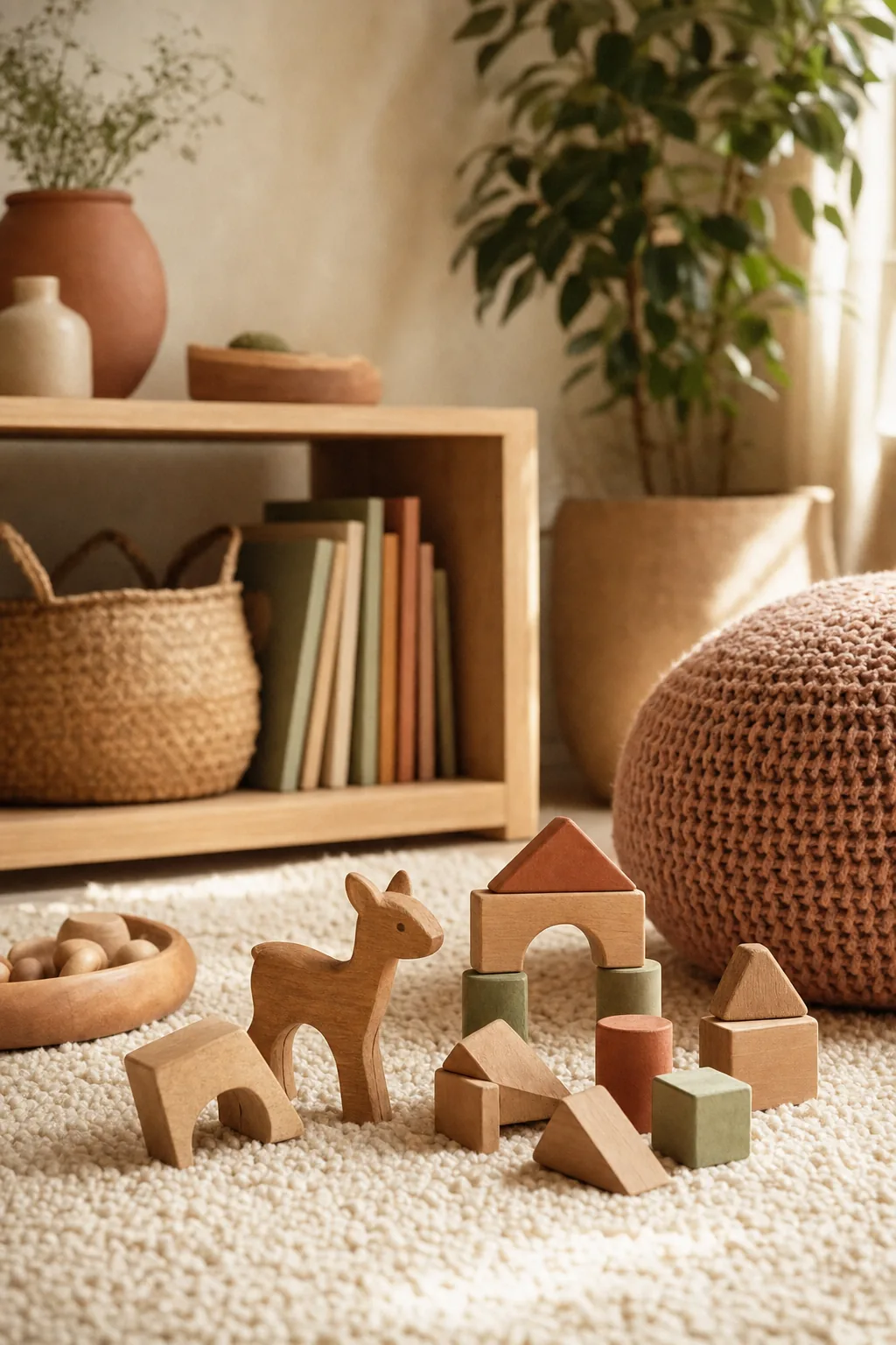 Wooden blocks and a small wooden animal on a cream rug beside a low shelf of books in a children's therapy room